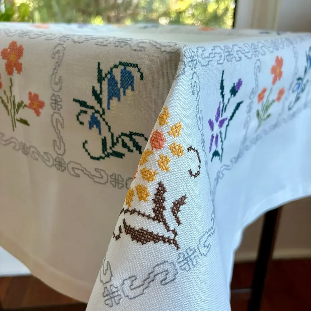 Vintage Cross Stitch Tablecloth Floral Border Heavy Cotton Square